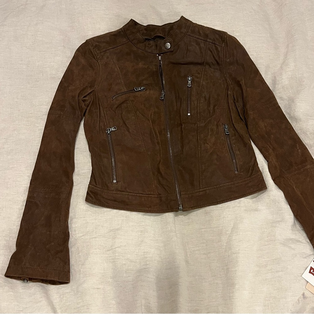 Levi’s brown suede / nubuck leather moto jacket, petite small (fits like XS)